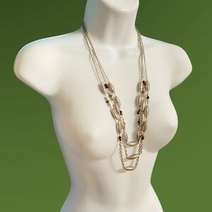 Triple Strand Silvertoone & Gold Faceted Glass Beads Layered Long Necklace